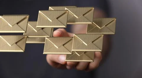 A 3D rendering of digital envelopes floating on hand- online communication co Stock Photos