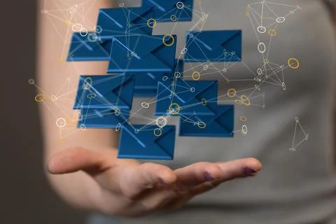 A 3D rendering of digital envelopes floating on hand- online communication co Stock Photos