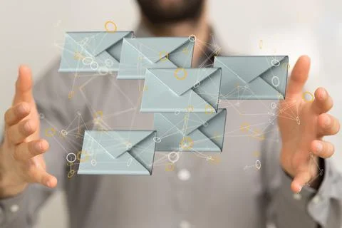 A 3D rendering of digital envelopes floating in between hands- online communi Stock Photos