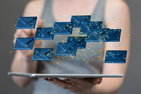 A 3D rendering of digital envelopes floating over a mobile tablet- online com Foto stock