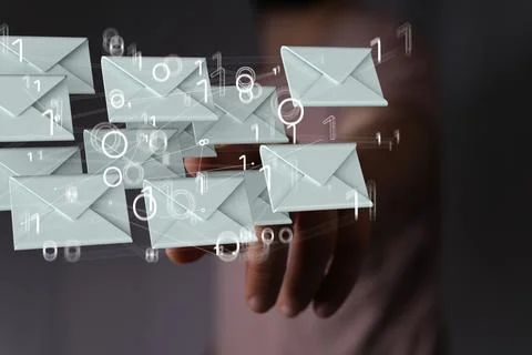 A 3D rendering of digital envelopes with hand touching it from behind- online Stock Photos