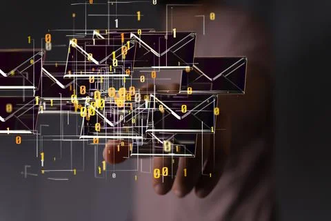 A 3D rendering of digital envelopes with hand touching it from behind- online Stock Photos