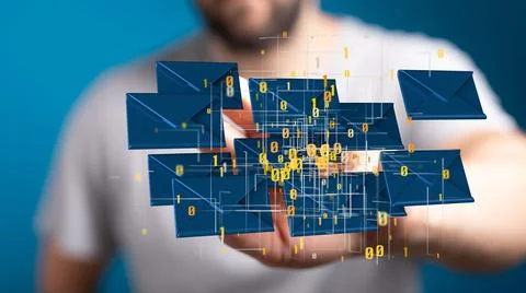 A 3D rendering of digital envelopes with hand touching it from behind- online Stock Photos