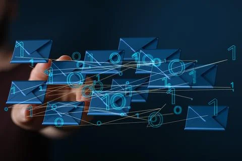 A 3D rendering of digital envelopes with hand touching it from behind- online 스톡 사진