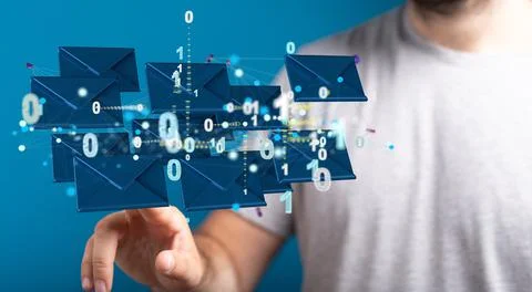 A 3D rendering of digital envelopes with hand touching it from behind- online Stockfoto's