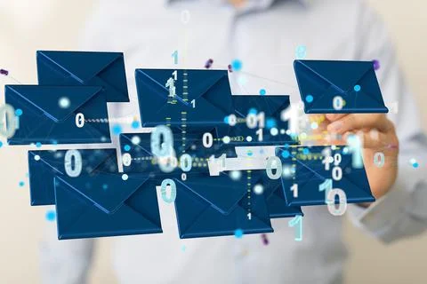 A 3D rendering of digital envelopes with hand touching it from behind- online Stock Photos