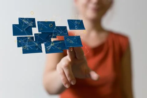 A 3D rendering of digital envelopes with hand touching it from behind- online 스톡 사진