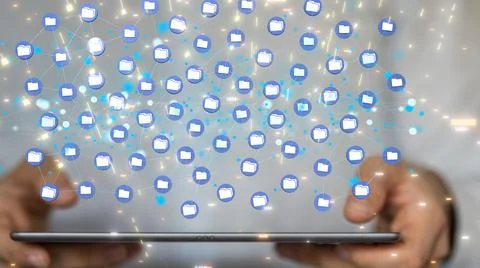 3d rendering of digital files floating above a tablet connected with lines 写真素材