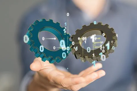 A 3D rendering of digital gears floating over a han-business gear to success  Stock Photos