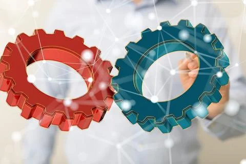 A 3D rendering of digital gears with hand touching it from behind-business ge Stock Photos