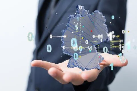 A 3D rendering of digital Germany map floating on human hand- internet and gl Foto stock
