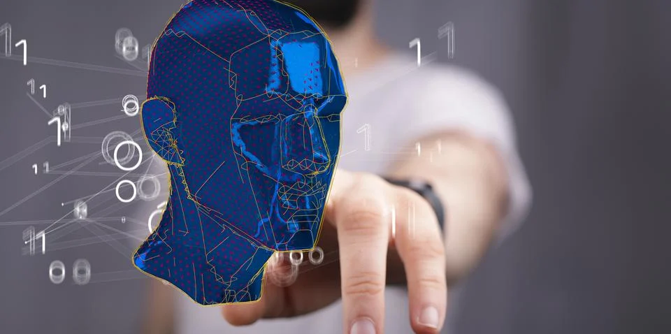 A 3D rendering of digital human head with binary codes-concept for Artificial 스톡 사진