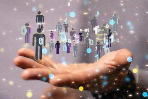 3D rendering of digital human icons with hand pointing at it from the background Stock Photos