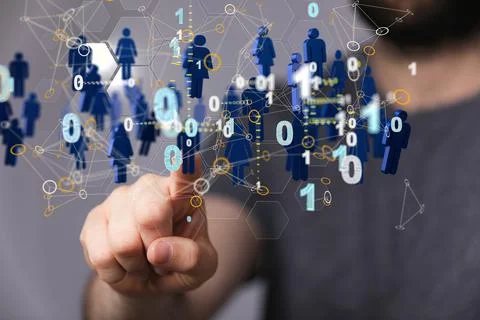 3D rendering of digital human icons with hand pointing at it from the background Stock Photos