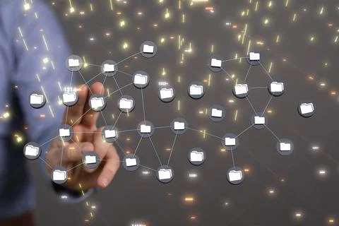 3d rendering of digital icons on the background of a hand / Data concept Stockfoto's