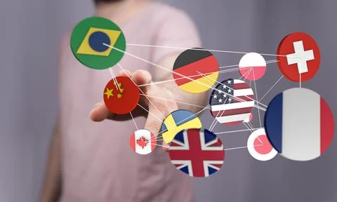 A 3D rendering of digital National flags of the world with fingers touching i Stock Photos