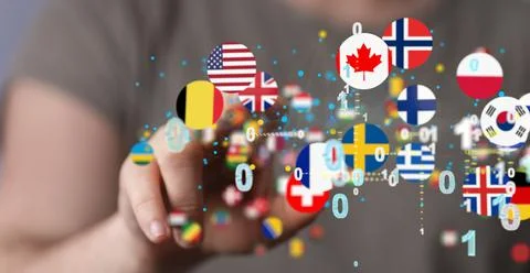 3D rendering of digital National flags of the world and binary codes 写真素材