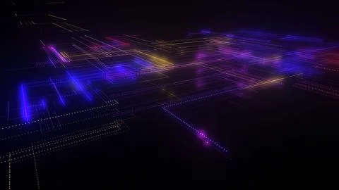 3D rendering of a digital neon mesh made of bright lines and dots Illustrazione stock