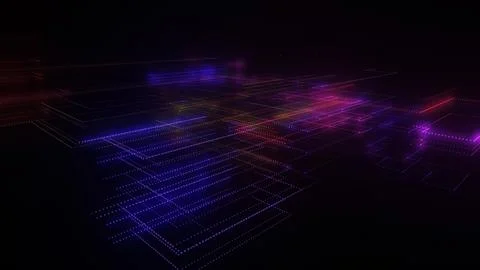 3D rendering of a digital neon mesh made of bright lines and dots Illustrazione stock
