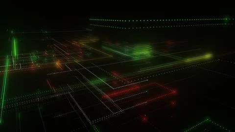 3D rendering of a digital neon mesh made of bright lines and dots Stock-Illustration