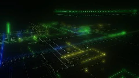 3D rendering of a digital neon mesh made of bright lines and dots Illustrazione stock