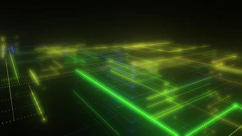 3D rendering of a digital neon mesh made of bright lines and dots Illustrazione stock