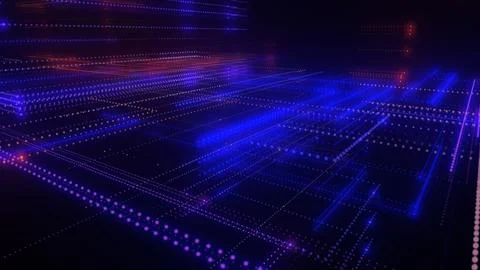 3D rendering of a digital neon mesh made of bright lines and dots Illustrazione stock