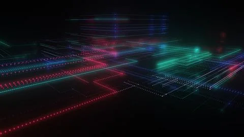 3D rendering of a digital neon mesh made of bright lines and dots Stock Illustration