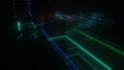 3D rendering of a digital neon mesh made of bright lines and dots Stock Illustration