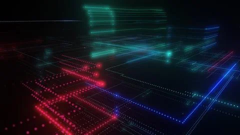 3D rendering of a digital neon mesh made of bright lines and dots Illustrazione stock