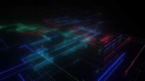 3D rendering of a digital neon mesh made of bright lines and dots Stock Illustration