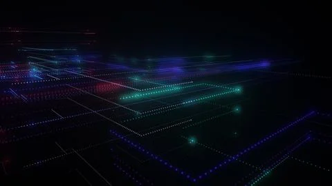 3D rendering of a digital neon mesh made of bright lines and dots Illustrazione stock
