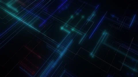 3D rendering of a digital neon mesh made of bright lines and dots Illustrazione stock