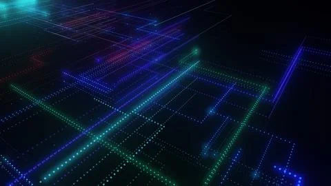 3D rendering of a digital neon mesh made of bright lines and dots Stock-Illustration