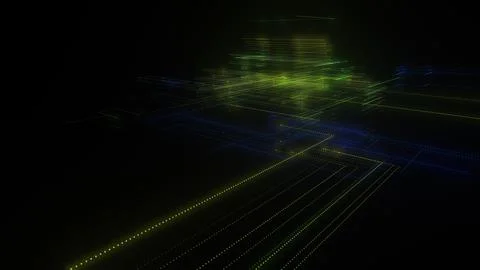 3D rendering of a digital neon mesh made of bright lines and dots Illustrazione stock