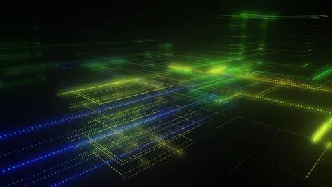 3D rendering of a digital neon mesh made of bright lines and dots Stock Illustration