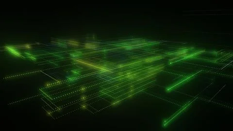 3D rendering of a digital neon mesh made of bright lines and dots Illustrazione stock
