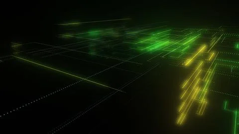 3D rendering of a digital neon mesh made of bright lines and dots Illustrazione stock