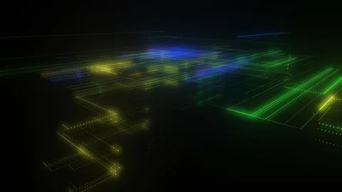 3D rendering of a digital neon mesh made of bright lines and dots Stock Illustration