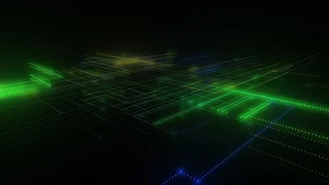 3D rendering of a digital neon mesh made of bright lines and dots Illustrazione stock
