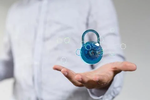 3D rendering of a digital padlock with binary codes on a hand 写真素材
