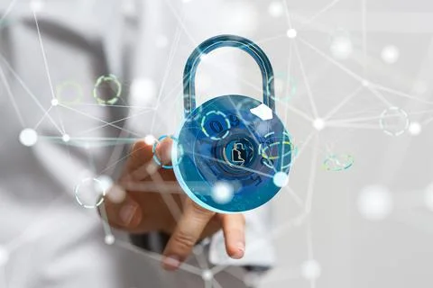 3D rendering of digital padlock with binary codes on a hand 스톡 사진