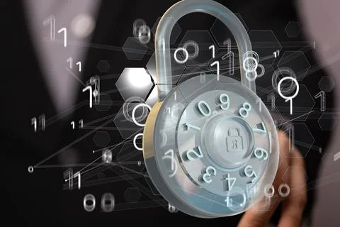 3D rendering of a digital padlock with binary codes on a hand Stock Photos