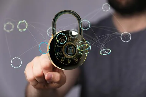 3D rendering of a digital padlock with binary codes on a hand 写真素材