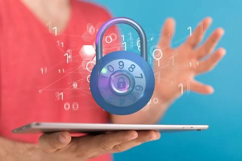 A 3D rendering of digital padlock with binary codes floating over a hand hold 스톡 사진