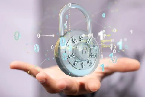 3D rendering of a digital padlock with binary codes on a hand Stock Photos