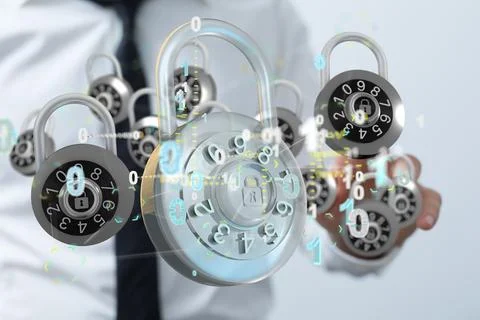 3D rendering of a digital padlock with binary codes on a hand Stock Photos