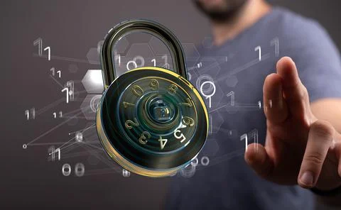 A 3D rendering of digital padlock with hand touching it from behind-cybersecu Stock Photos
