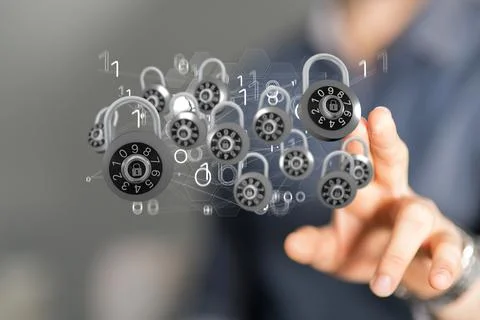 3D rendering of digital padlocks with binary codes on a hand Foto stock