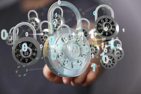 A 3D rendering of digital padlocks with binary codes with hand touching it fr 스톡 사진